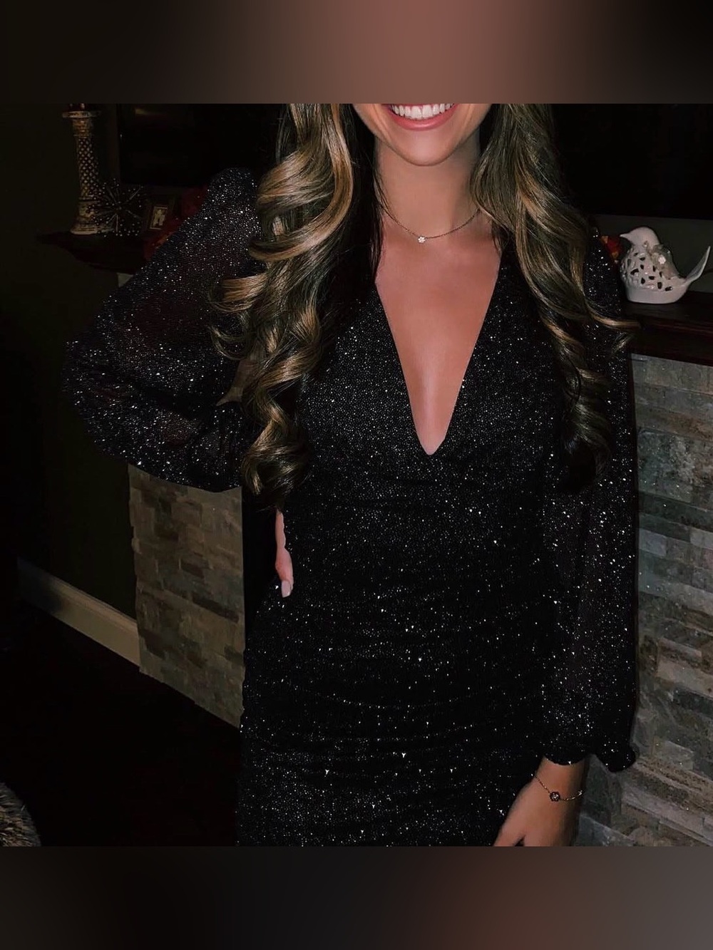 Sparkle Black V-Neck Long Sleeve Mini Dress